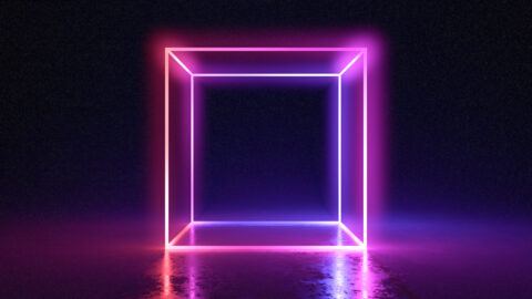 Abstract neon cube brightly shining in dark room.